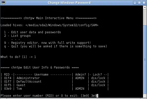 Change Windows Password Parted Magic