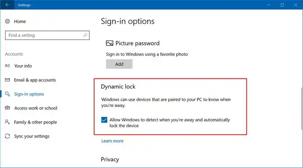 Dynamic Lock Option on Windows 10