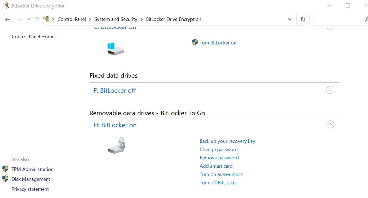 Windows 10의 BitLocker 관리자 화면