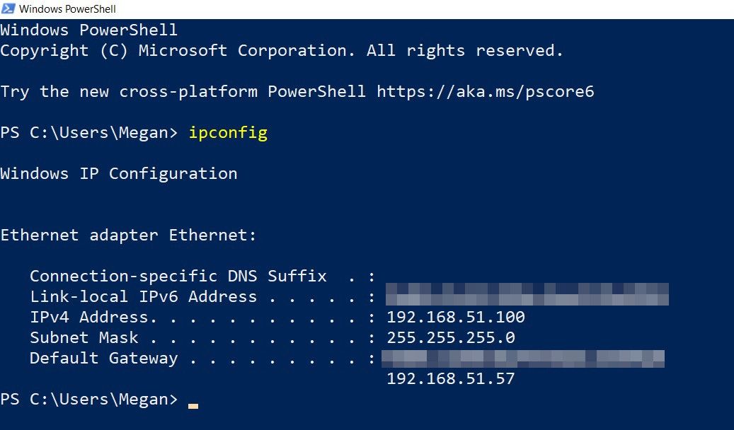 라우터 IP를 찾기 위한 Windows powershell의 ipconfig 명령