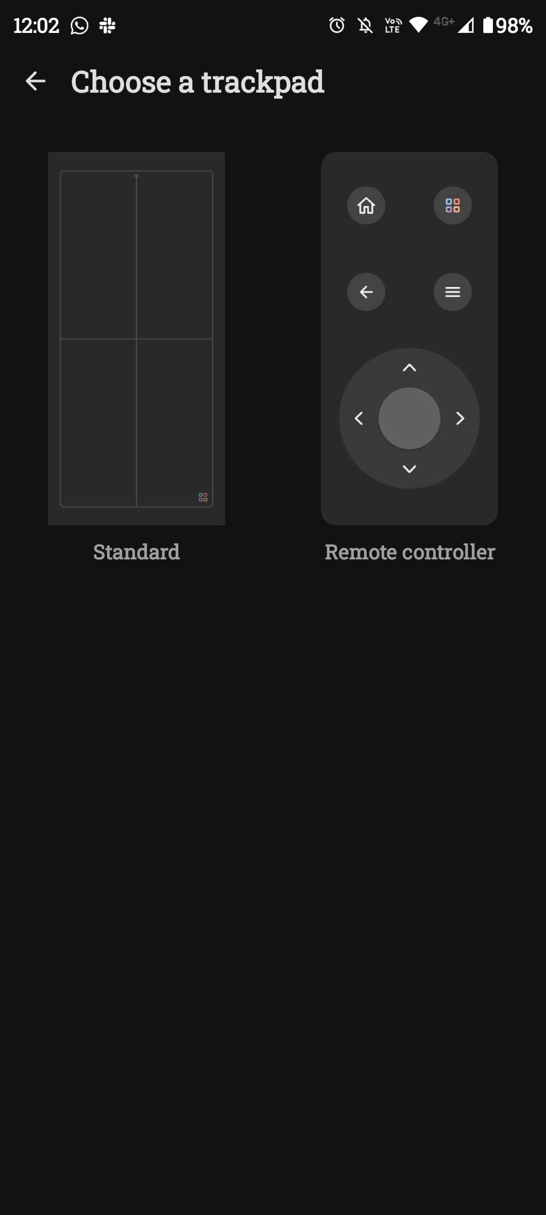 휴대전화 화면의 트랙패드 선택 옵션