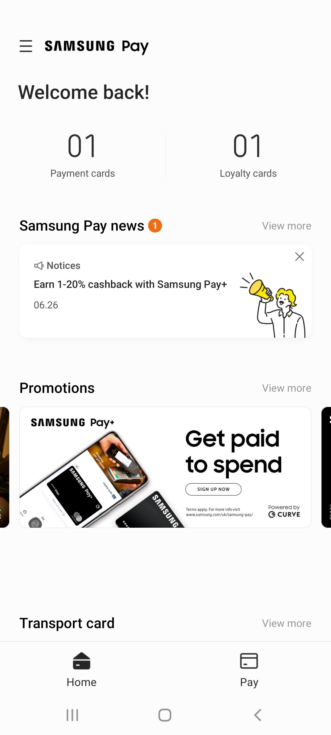 카드가 추가된 Samsung Pay 홈 화면