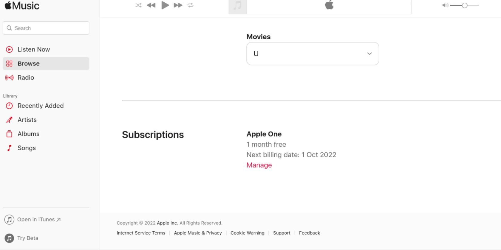 Apple Music 웹 앱의 구독 관리 페이지