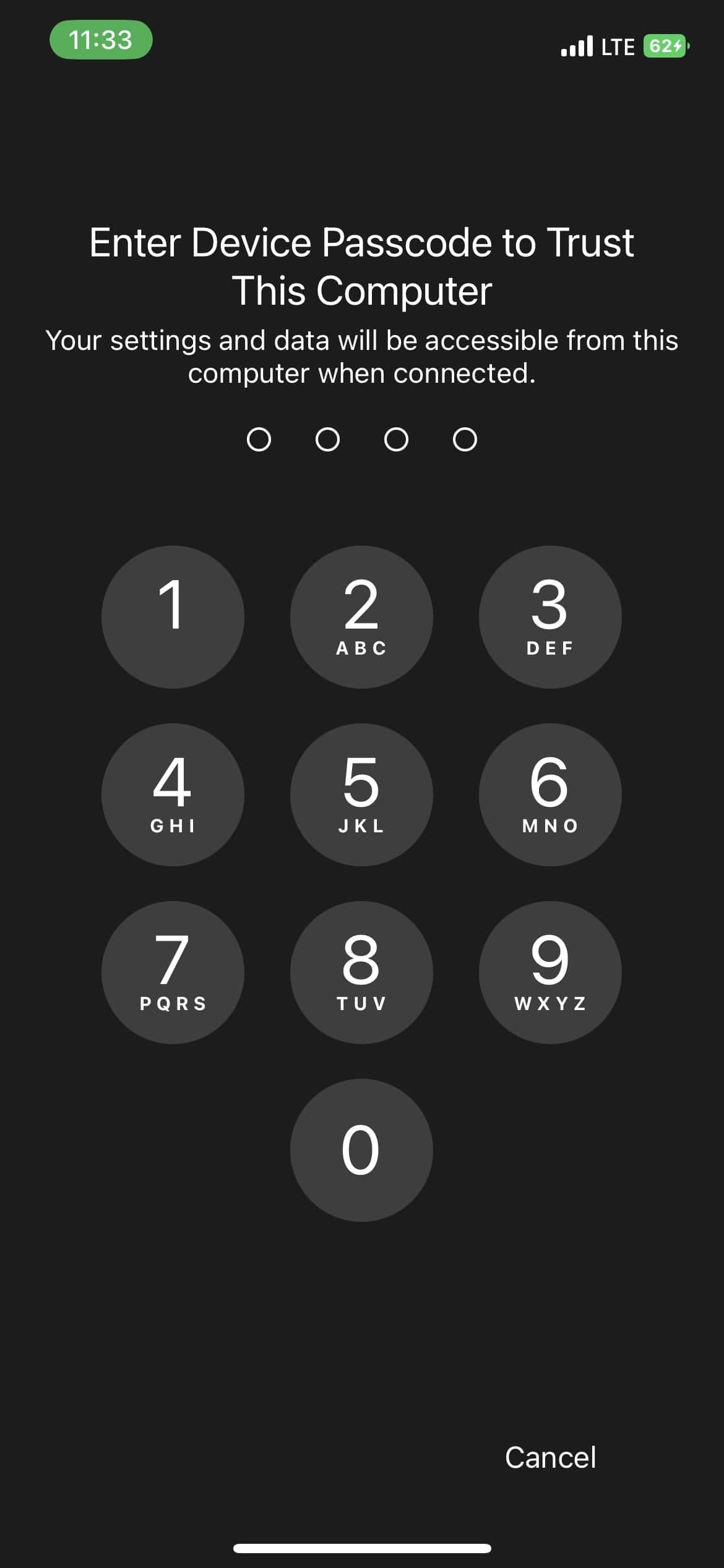컴퓨터를 신뢰하려면 iPhone에 암호 입력