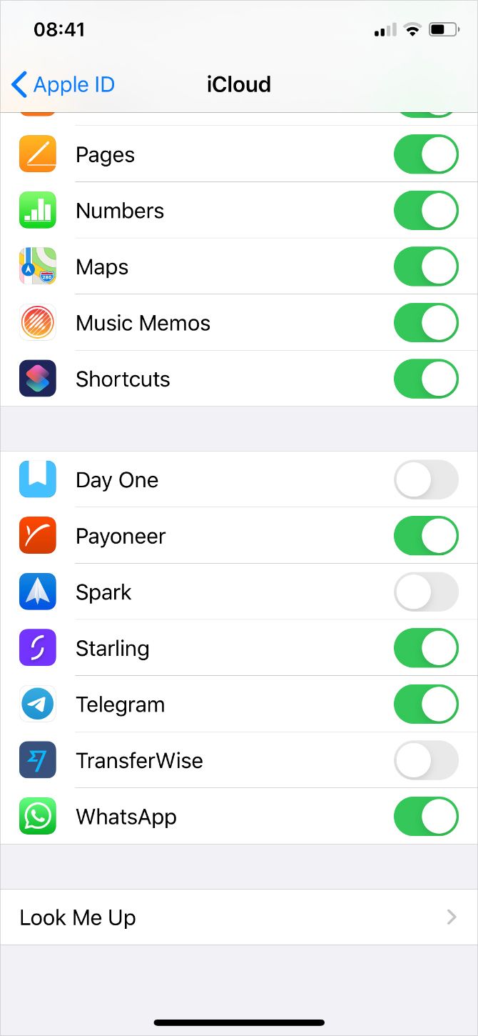 타사 앱 동기화 상태를 보여주는 iPhone iCloud 설정