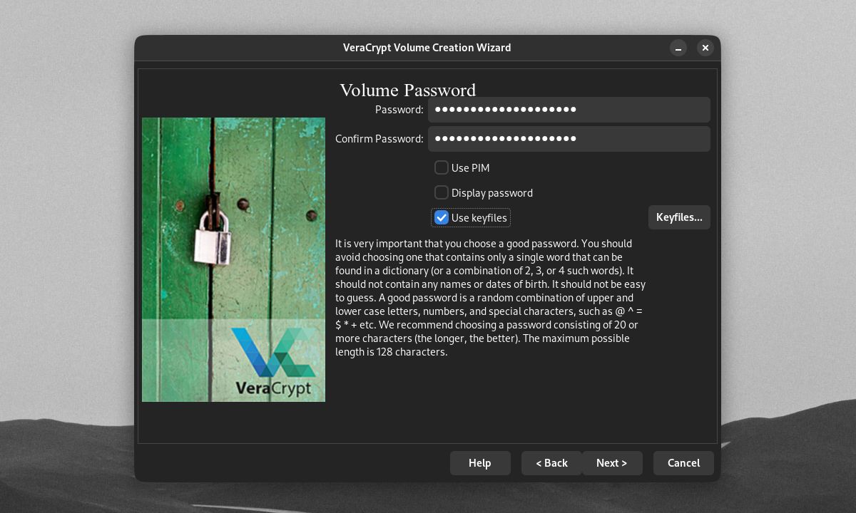VeraCrypt 볼륨 생성 마법사 키 파일 사용 버튼이 선택된 볼륨 암호 창