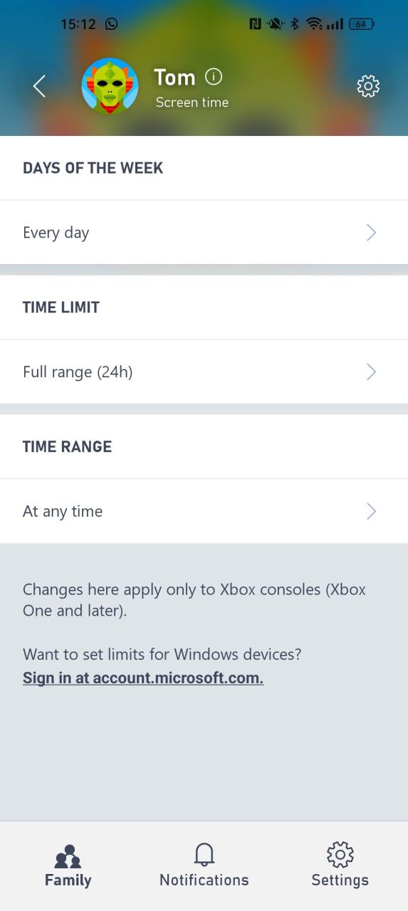 Xbox Family Settings 애플리케이션의 스크린 타임 자녀 보호 옵션에 대한 일정 설정을 보여주는 스크린샷
