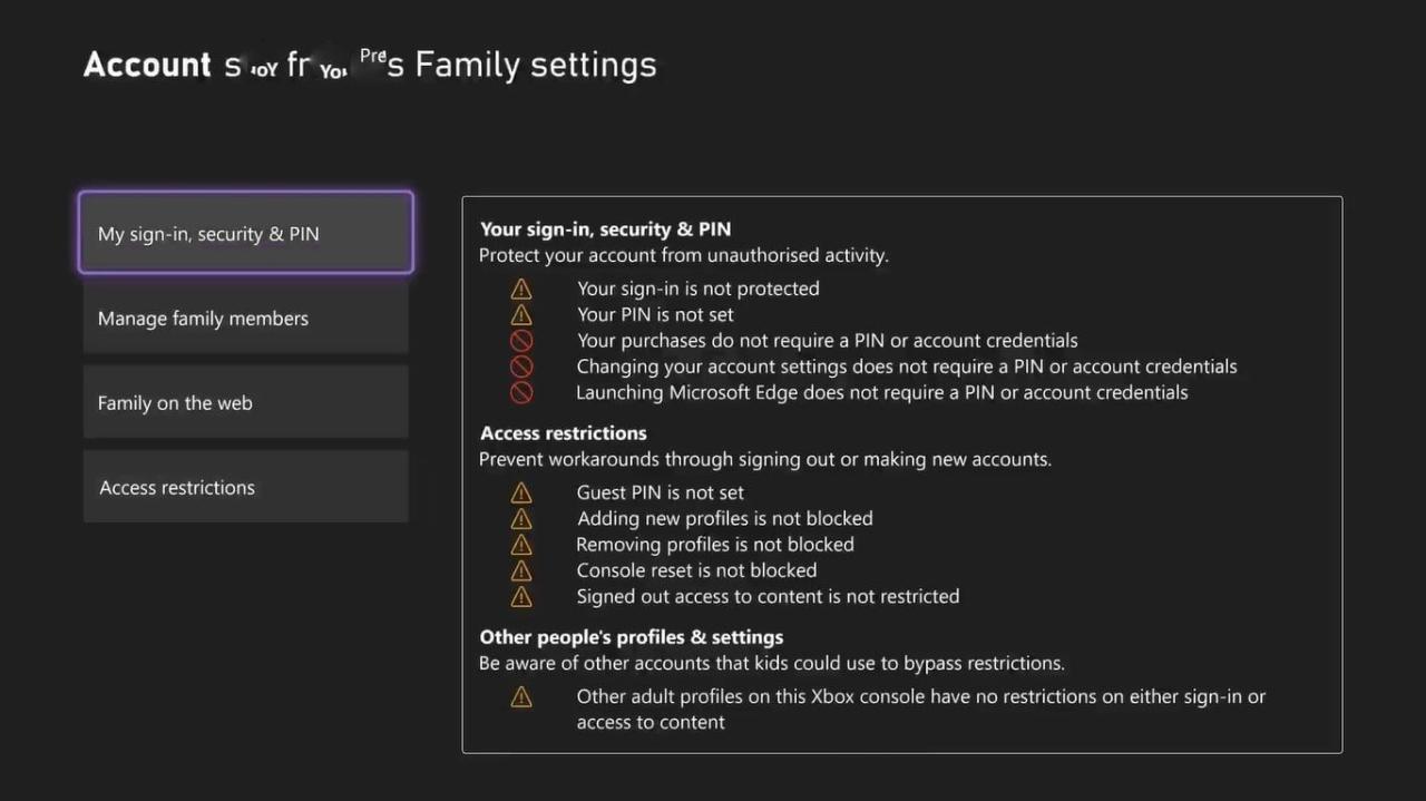 Xbox Series X의 가족 설정 옵션 메뉴 스크린샷 