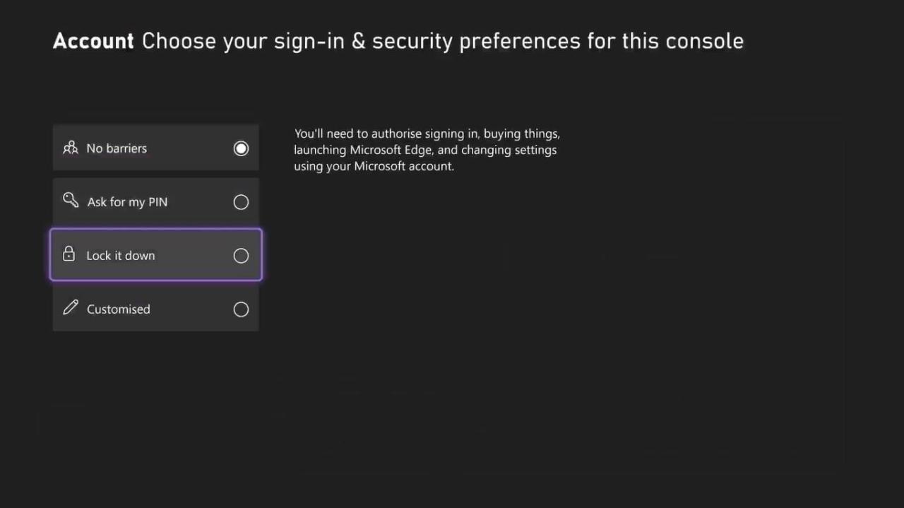 Lock It Down이 강조 표시된 Xbox Series X의 로그인 및 보안 기본 설정 옵션 스크린샷 