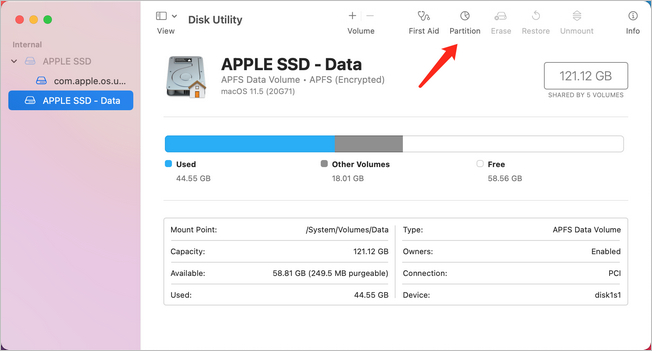 Apple SSD 디스크 유틸리티 파티션