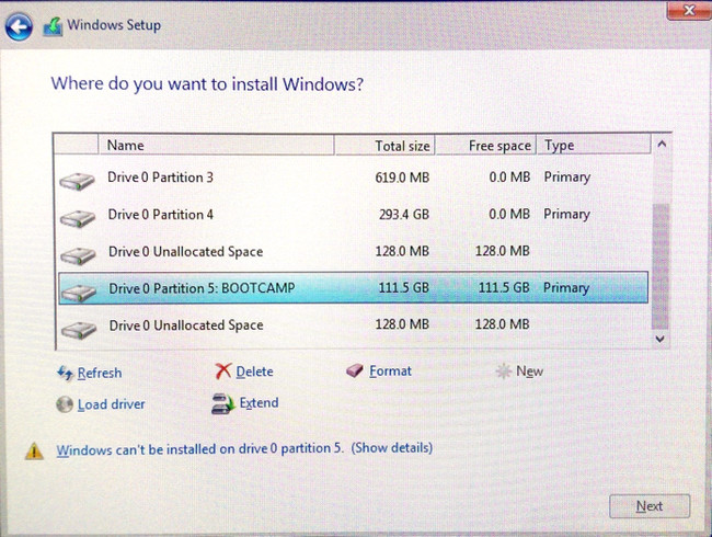 Windows 10을 설치할 파티션 선택