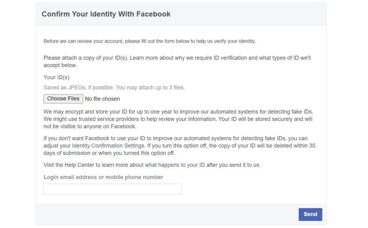 提交ID以確認您的身份並恢復您的Facebook帳戶