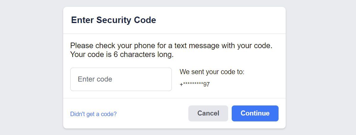 Facebook Enter Security Code menu to recovery an account.