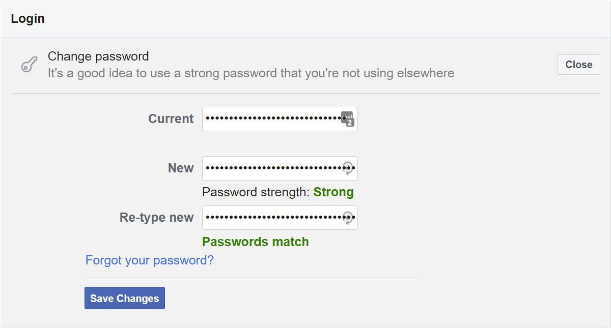Facebook 更改密碼屏幕