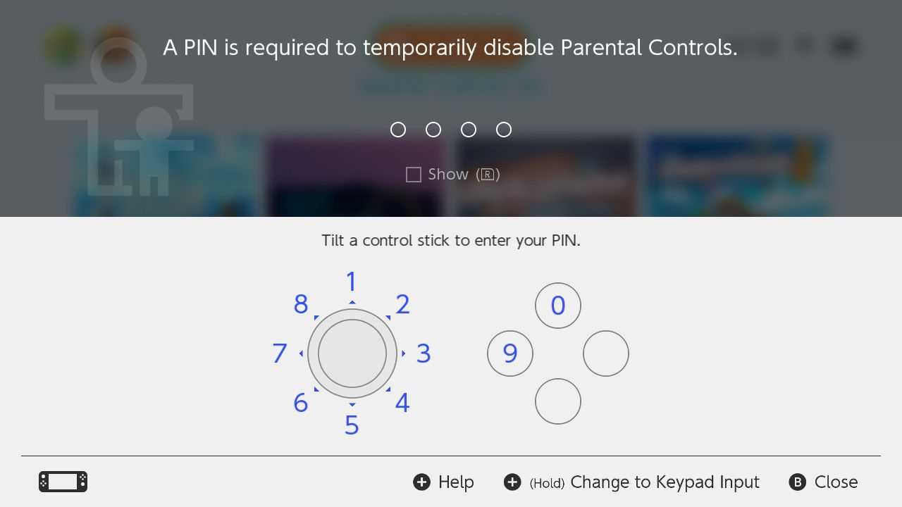 Nintendo Switch 上家長控制 PIN 輸入屏幕