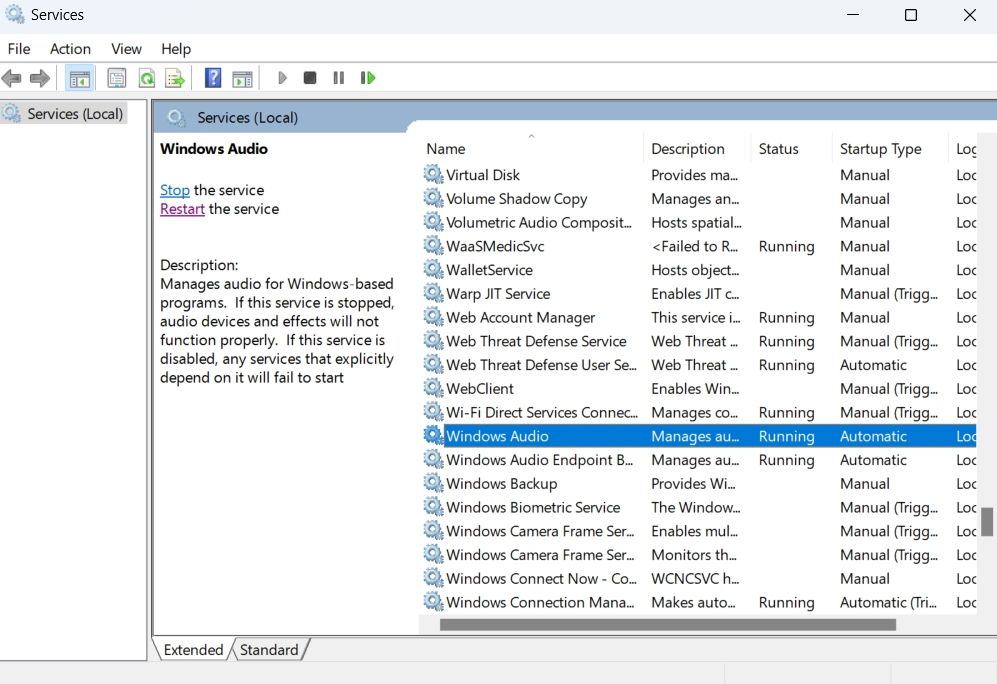 Windows 服務窗口中的音頻服務
