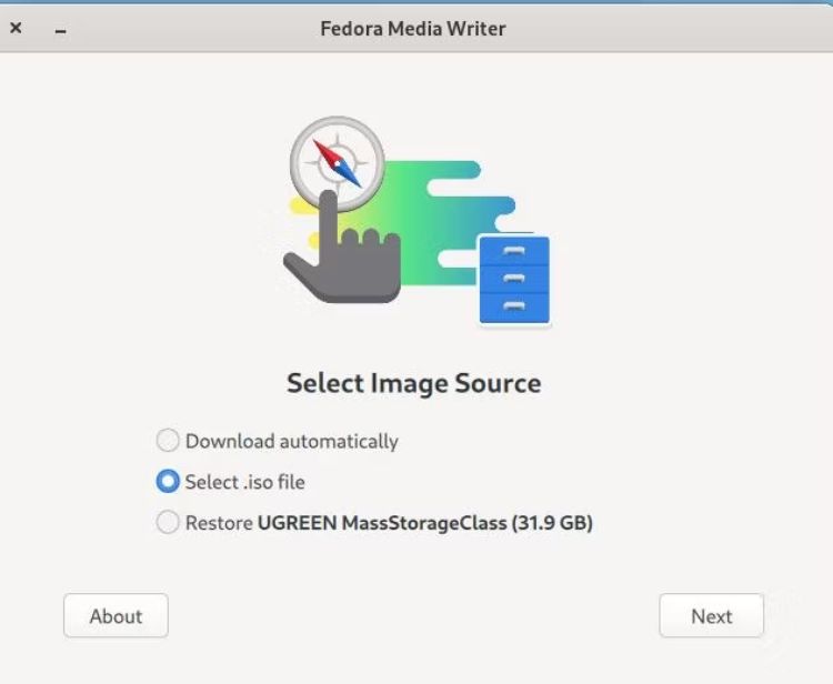 使用fedora media writer選擇iso文件