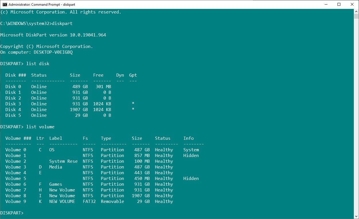 diskpart list volume before shrinking drive