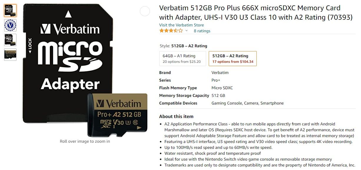 verbatim 512gb microsd card amazon listing