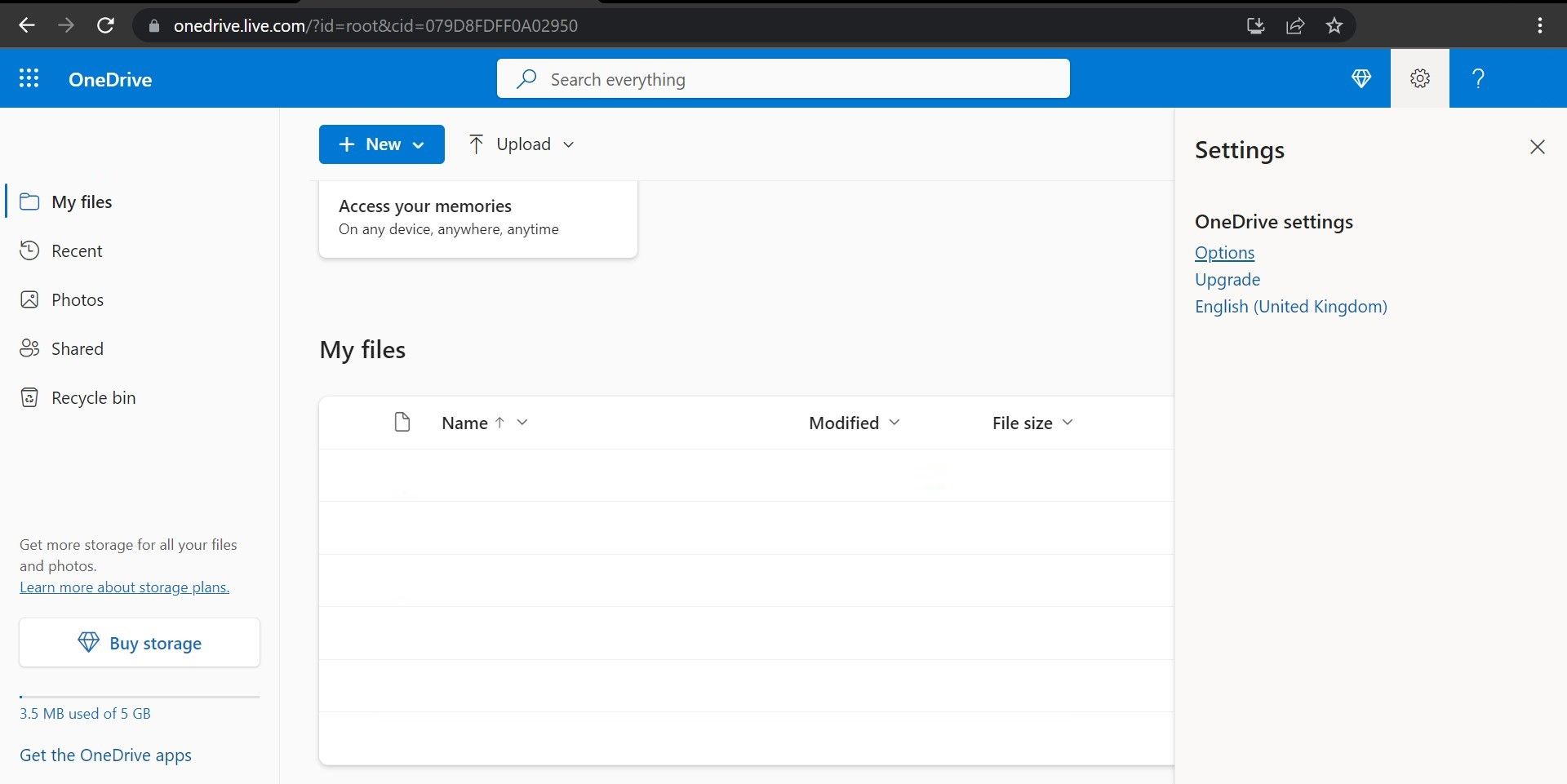 OneDrive의 설정 메뉴에서 옵션으로 이동
