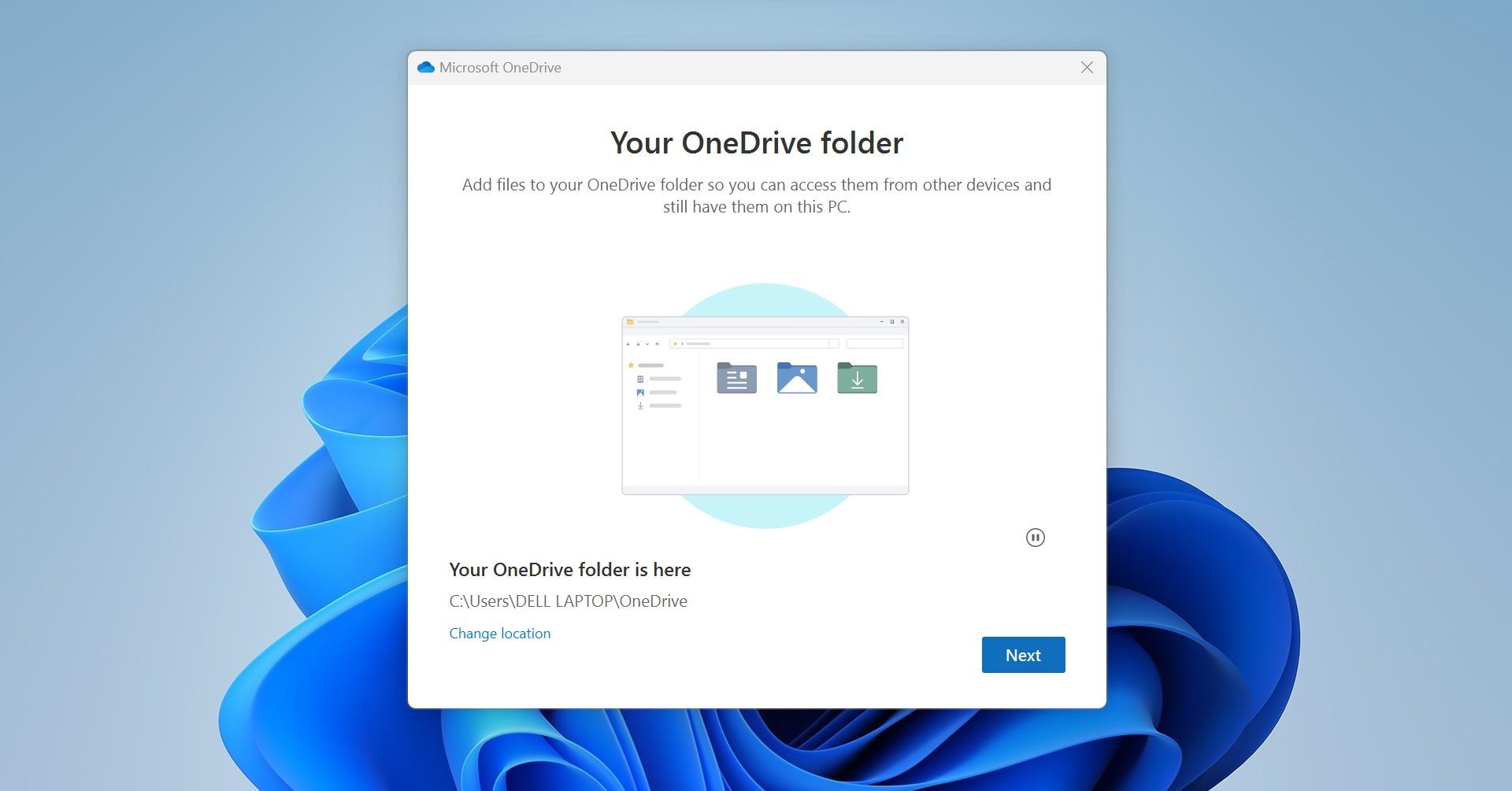 OneDrive 폴더 위치 선택 후 다음 버튼 클릭