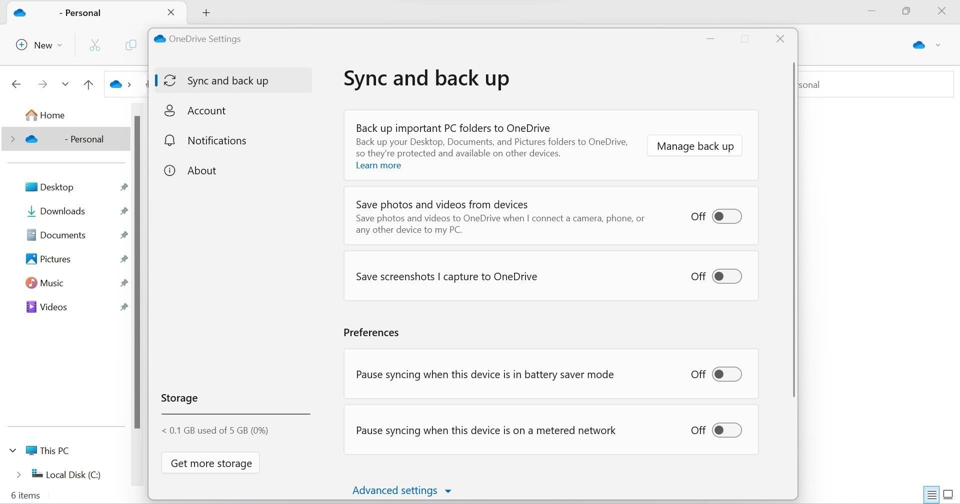 Microsoft OneDrive의 기본 설정에서 특정 옵션 비활성화